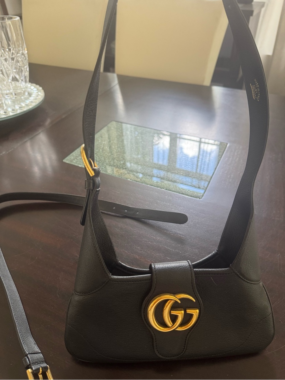 Gucci Black Leather Shoulder Bag with Gold Double G